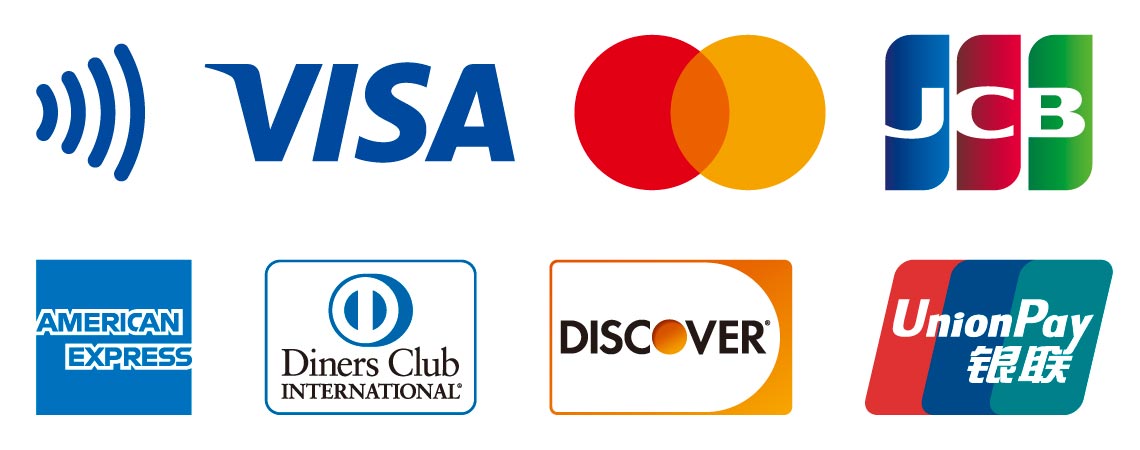 VISA、Mastercard、JCB、AMERICAN EXPRESS、Diners Club、DISCOVER、銀聯