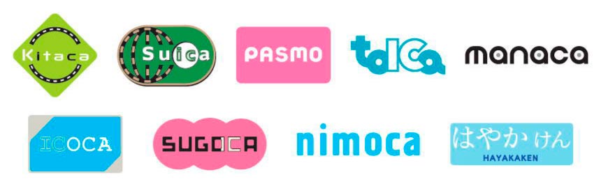 Kitaca、Suica、PASMO、TOICA、manaca、ICOCA、SUGOCA、nimoca、はやかけん