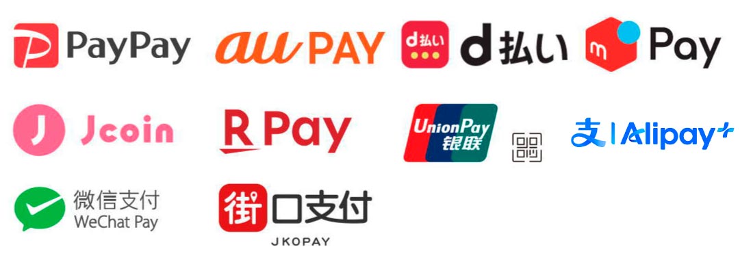 PayPay、au PAY、d払い、メルペイ、Jcoin、楽天ペイ、Union Pay 銀聯、Alipay、WeChat pay、JKOPAY